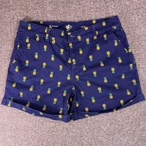 St. Johns Bay Shorts Womens 12 Blue Pineapple Stretch Chino Preppy Cuffed 34x4.5